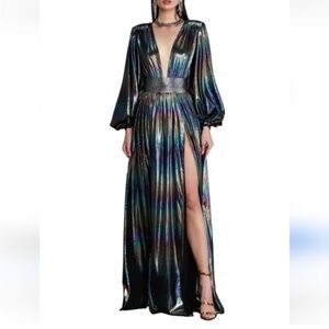 BRONX AND BANCO
Zoe Blouson-Sleeve Iridescent Gown Size XS